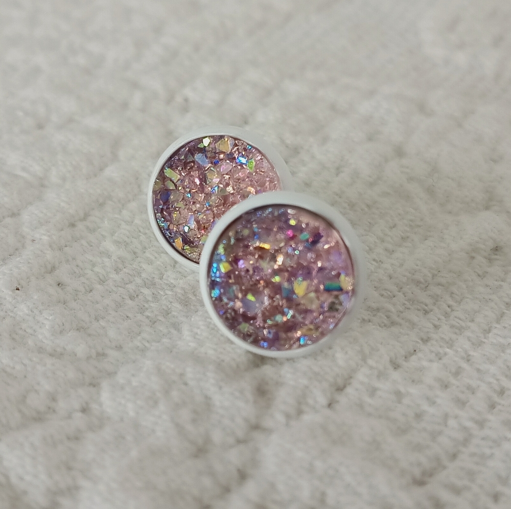 Pink Druzy Stud Earring Set Mermaid Iridescent Metallic Purple Glitter Dopamine - Picture 3 of 10